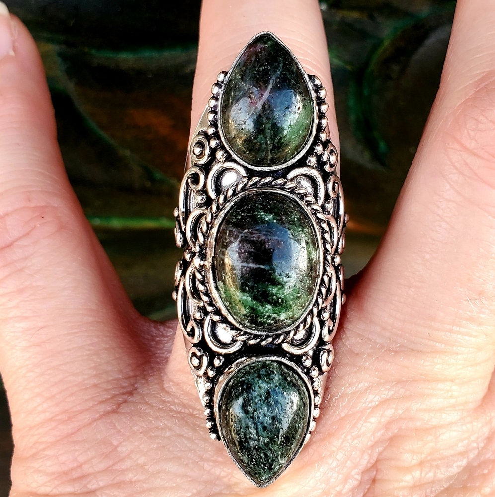 New Ruby in Zoisite 925 Silver Statement Ring.
